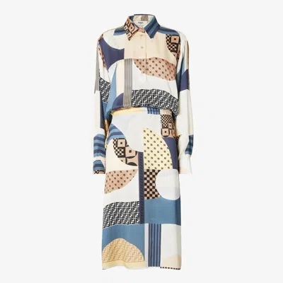 Fendi Blue Silk Dress With Patchwork Print Women In Multi