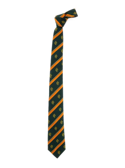 Fendi Blue Silk Tie With All-over  Crest Motif And All-over Striped Motif In Silk Man In Multicolor