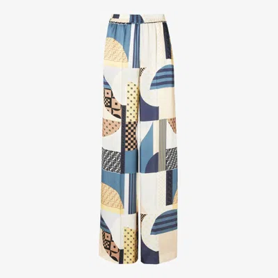 FENDI FENDI BLUE SILK TROUSERS WITH PATCHWORK PRINT WOMEN