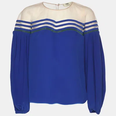 Pre-owned Fendi Blue Silk Tulle Illusion Long Sleeve Blouse S