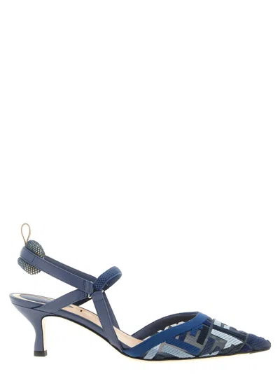 Fendi Colibri Ff Pointed Slingback Kitten Pumps In Blue