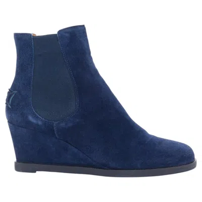 Pre-owned Fendi Blue Suede Elastic Side Gusset Concealed Wedge Comfort Ankle Boots Eu37