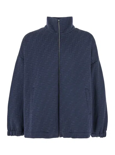 Fendi Blue Sweatshirt With High Neck And All-over Embossed Ff Motif In Cotton Blend Man In Multicolor