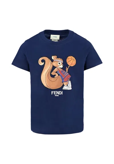 Fendi Blue T-shirt For Kids With Squirrel Print