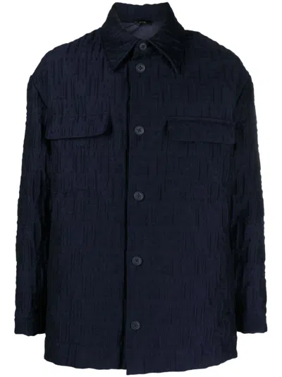 Fendi Blue Wool Ff-embossed Padded Shirt Jacket