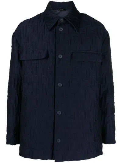 FENDI BLUE WOOL FF-EMBOSSED PADDED SHIRT JACKET
