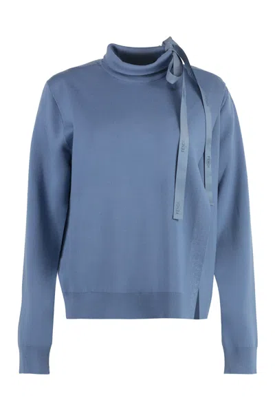 Fendi Blue Wool Pullover With Unique Cut-out Details And Asymmetrical Slit For Women's Ss23 Collection