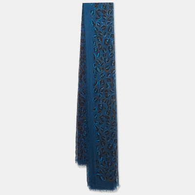 Pre-owned Fendi Blue Zucca Leopard Pattern Printed Modal & Silk Scarf