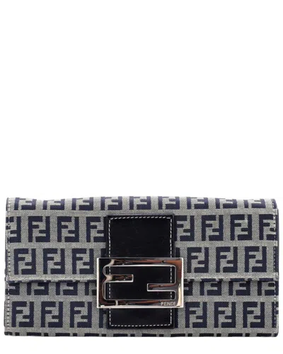 Pre-owned Fendi Blue Zucchino Canvas Ff Flap Continental Wallet (authentic Pre-loved)