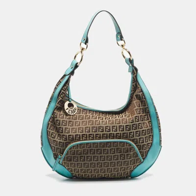 Pre-owned Fendi Blue/beige Zucchino Canvas And Leather Pocket Chef Hobo