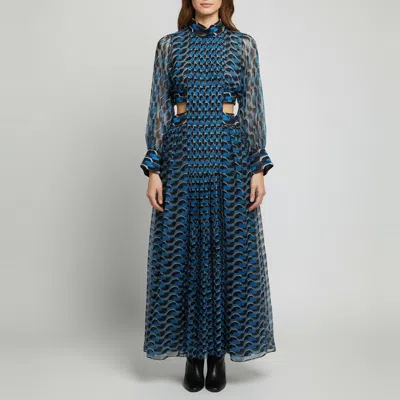 Pre-owned Fendi Blue/black Broken Circle Print Chiffon Sheer Cut-out Maxi Dress M