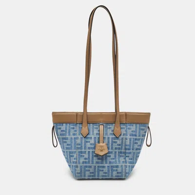 Pre-owned Fendi Blue/brown Denim Ff And Leather Mini Origami Tote