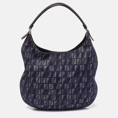 Pre-owned Fendi Blue/brown Zucchino Fabric And Leather Hobo