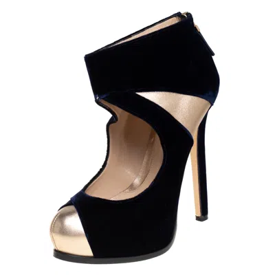 Pre-owned Fendi Blue/gold Leather And Velvet Ankle Booties Size 38.5