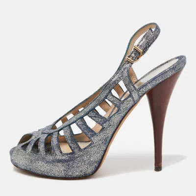 Pre-owned Fendi Blue/silver Texture Suede Slingback Pumps Size 38.5