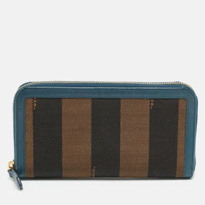 Pre-owned Fendi Blue/tobacco Pequin Canvas Zip Around Wallet