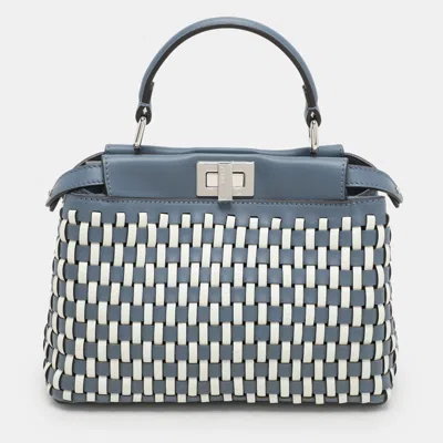 Pre-owned Fendi Blue/white Woven Leather Mini Peekaboo Top Handle Bag