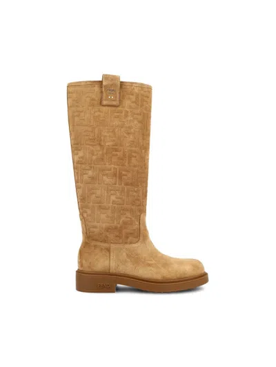 Fendi 35mm Tubular Ff Logo Suede Boots In Brown