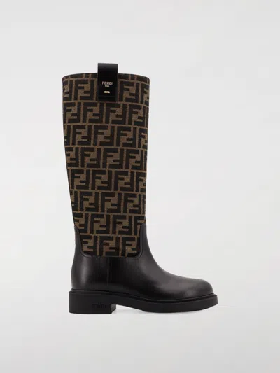 Fendi Tall Boots With Signature Monogram Pattern And Branded Detailing In Black
