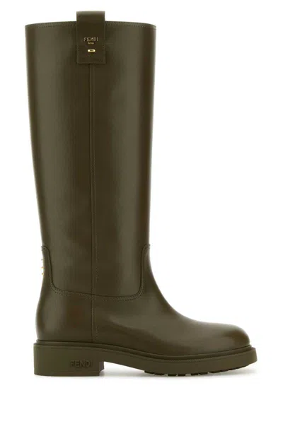 Fendi Army Green Leather Filo Boots In Multi