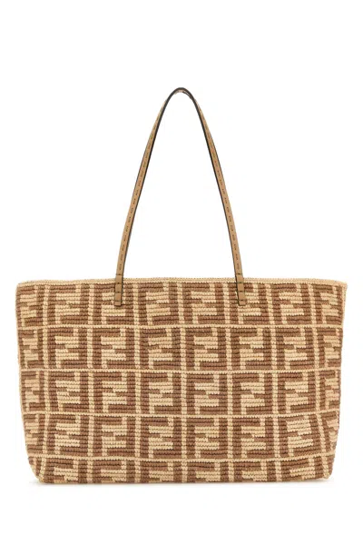 Fendi Borsa Shopping Roll Grande In Paglia Ricamata Donna In Natur+honey Sc+os