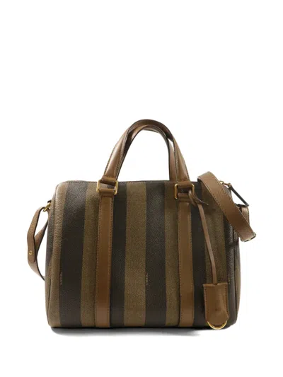 Pre-owned Fendi Boston Pequin-stripe Tote Bag In Brown