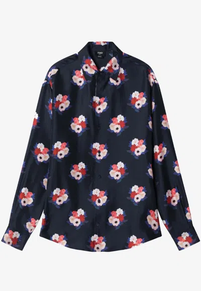 Fendi Bouquet Print Long-sleeved Silk Shirt In Blue