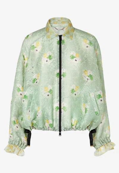 Fendi Bouquet Print Organza Lace Bomber Jacket In Green