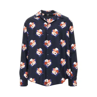 Fendi Dark Blue Satin Shirt With Floral Print In Black