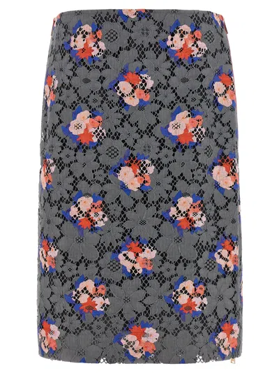 Fendi Lace Floral-pattern Midi Skirt In Gray