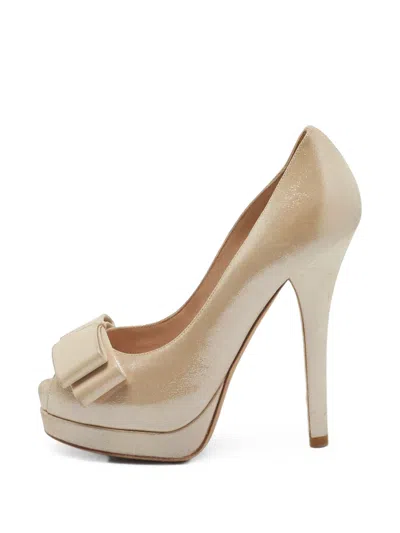 Pre-owned Fendi Bow Peep-toe Pumps In Neutrals