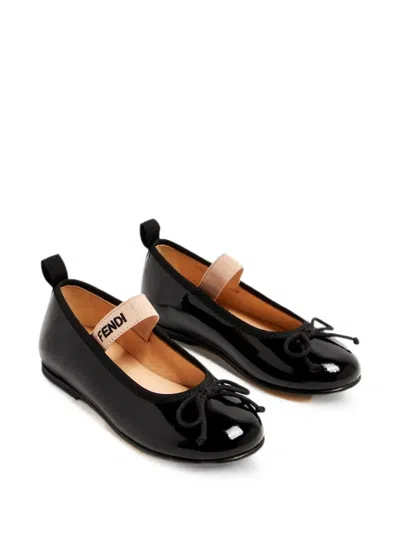 Fendi Babies' Bow-detail Patent Leather Ballet Flats In Black