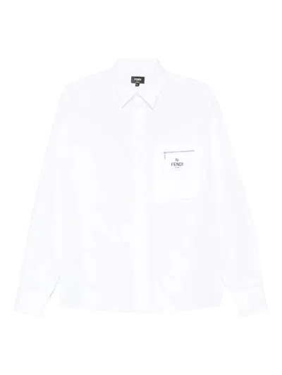 Fendi Men White Shirt With One Front Zip Pocket And Logo Lettering On The Pocket In Cotton Man