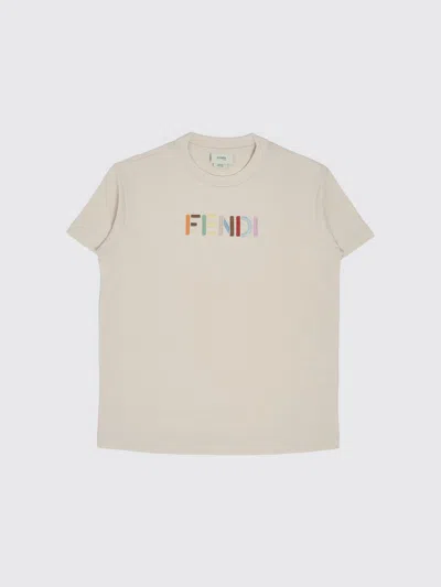 Fendi Kids'  Boy's Crewneck Cotton T-shirt With Multicolour Embroidered Logo In Neutral