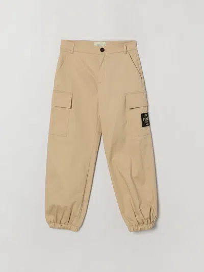 Fendi Kids'  Boys' Stretch Cotton Cargo Trousers With Side Pockets And Elasticated Cuffs In Neutral