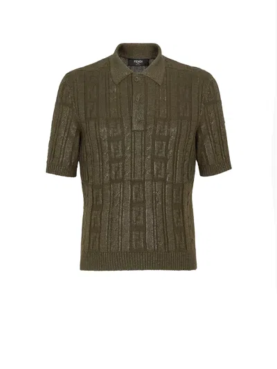 Fendi Ff Wool Blend Lurex Polo In Loden