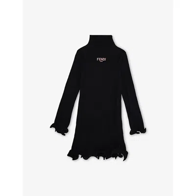 Fendi Kids' Black Brand-embroidered Ribbed Cotton-jersey Dress 6-12 Years