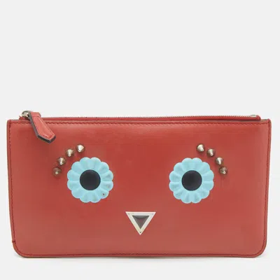 Pre-owned Fendi Brick Leather Zip Pouch In Brown