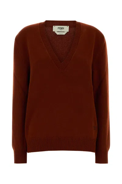 Fendi Cashmere Sweater With V-neck And Long Sleeves In Brown