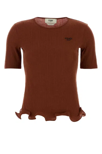 Fendi Textured Scallop Hem Ribbed Top In Brown