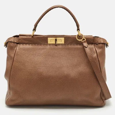 Pre-owned Fendi Bronze Selleria Leather Large Peekaboo Top Handle Bag In Silver