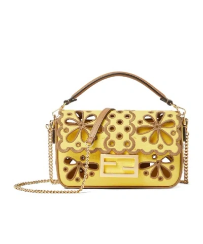 Fendi Broom Yellow Canvas Floral À Jour Bag In Gold