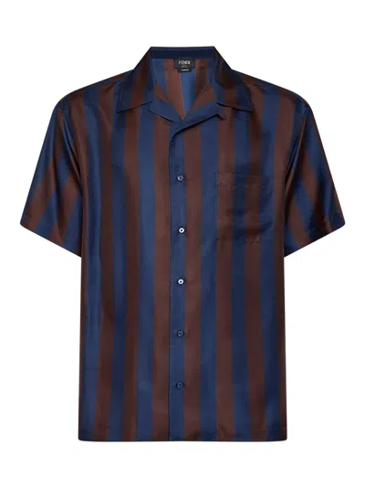 Fendi Brown And Navy Blue Pequin Silk Short-sleeved Shirt In Pattern