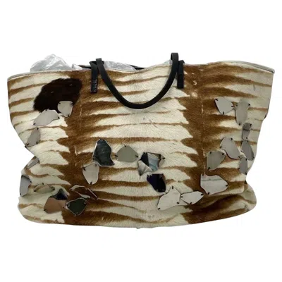Pre-owned Fendi Brown And White Zebra Print Ponyhair Tote With Metal Plates