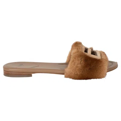 Pre-owned Fendi Brown Baguette Mink Fur Slide Sandals Shoes 39