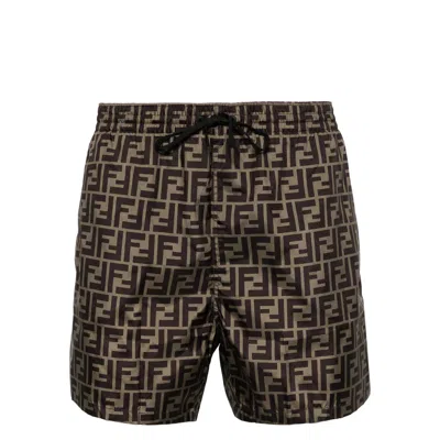 Fendi Tech Fabric With All-over Ff Pattern Swim Shorts In Brown
