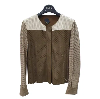 Pre-owned Fendi Brown Beige Ivory Perforated Leather Moto Jacket Sz.40 In White