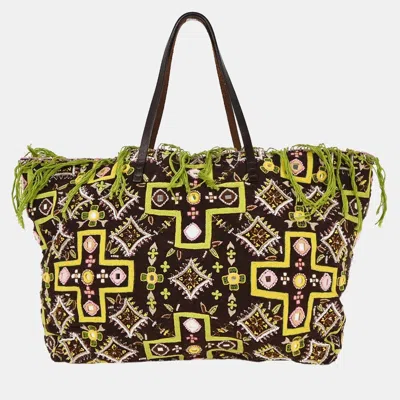 Pre-owned Fendi Brown Canvas Beads Embroidered Tote Handbag