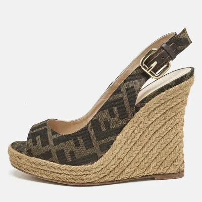 Pre-owned Fendi Brown Canvas Ff Slingback Wedge Sandals Size 36