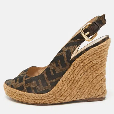 Pre-owned Fendi Brown Canvas Wedge Espadrille Sandals Size 36